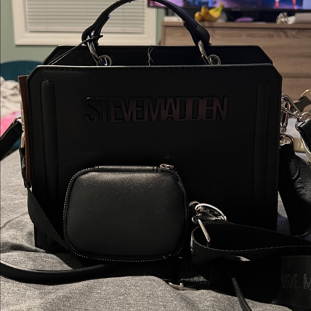 Steve Madden Sleek Black Tote with Mini Pouch